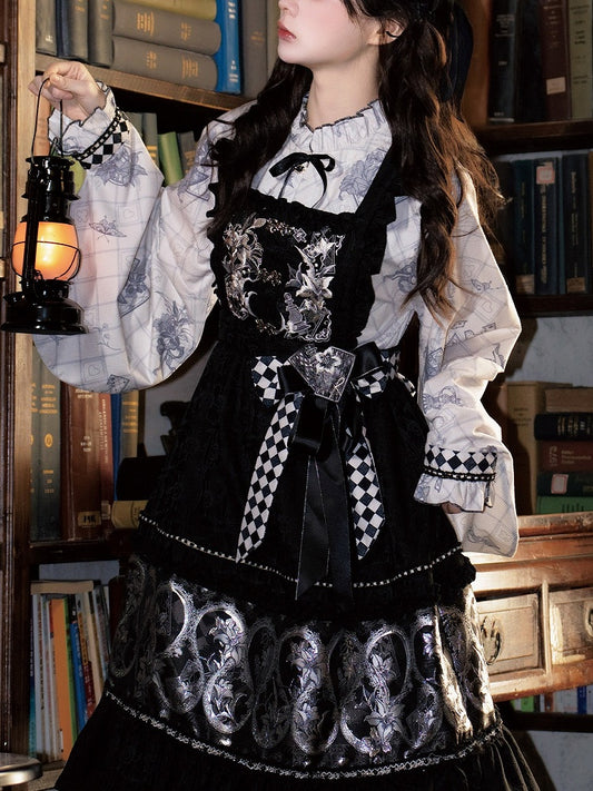 Black Elegant Print Ruffle Trim Apron Checkered Detail - Luo Xiu Dong Xiang