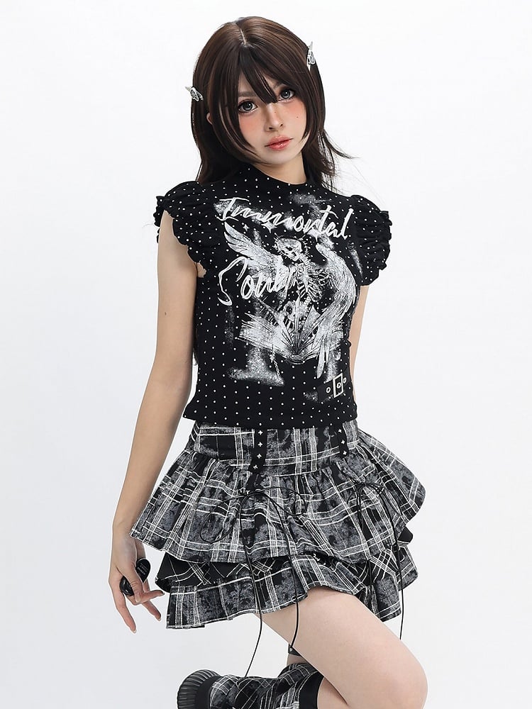 Black White Flutter Sleeve Top with Angel Skeleton Print - Catwish