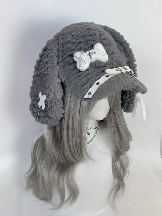 Grey Cross and Pins Buckle Bunny Ear Plush Hat