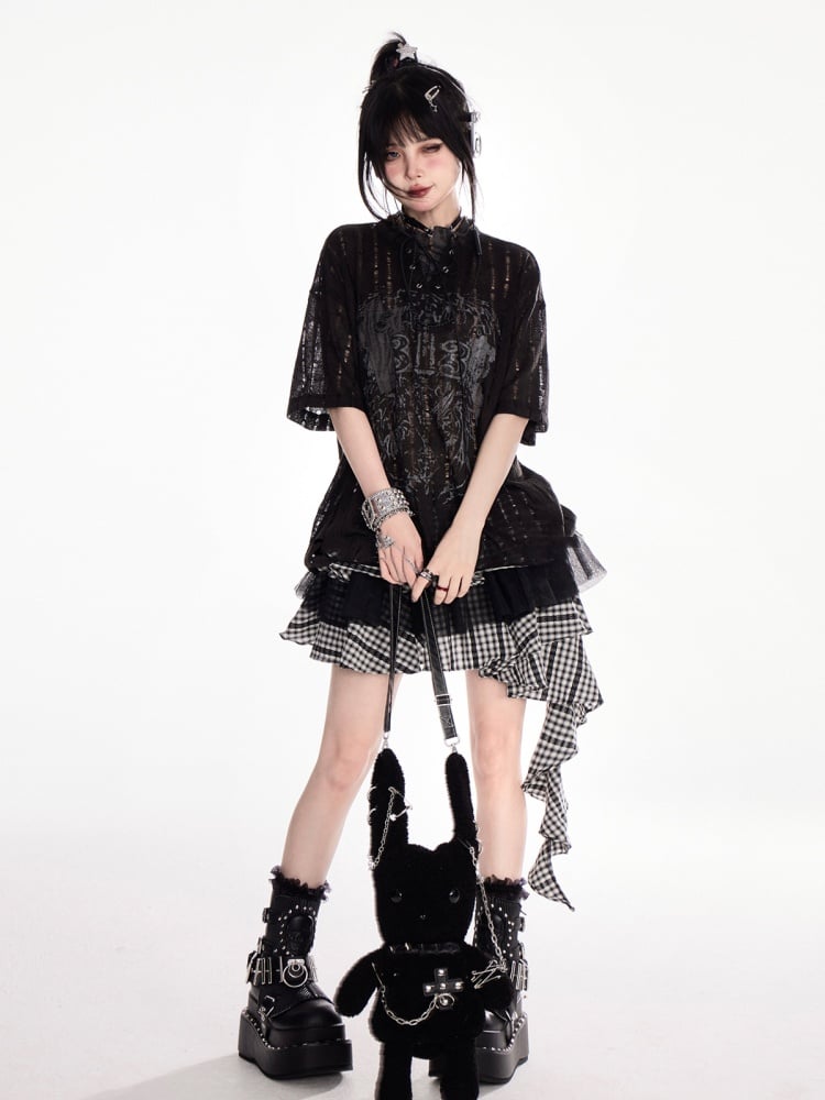 Y2K Holes Black/White Lace-up Mock Neck Distressed