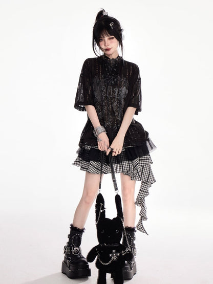 Y2K Holes Black/White Lace-up Mock Neck Distressed