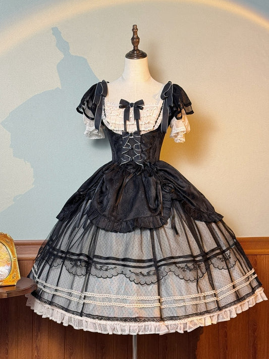 ブラックスクエアネックラインフェザージャカードドローストリングスカートクラシックロリータドレス