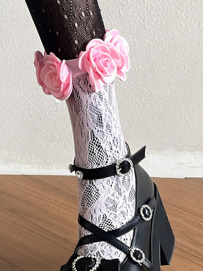 Monochrome Lace-Up Thigh-High Sock Set with Floral Trim - Ms. Sox