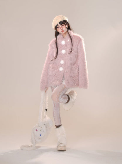 Beige Pink Pompom Detail Faux Fur Coat