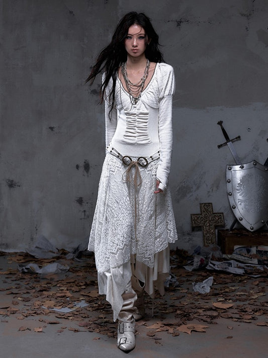 Punk Beige Juliette Sleeves Knit with Studded Dress Handkerchief Tiered Waist Hem