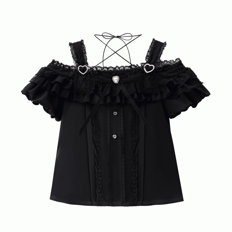 Jirai Kei Black Lace Trim Top with Off-the-shoulder Neckline
