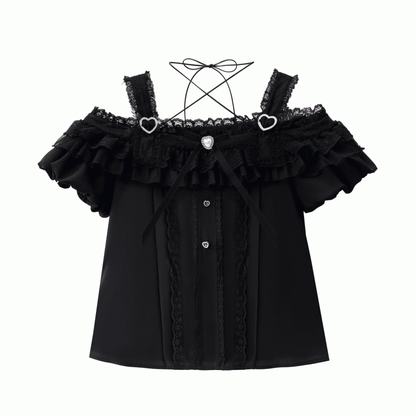Jirai Kei Black Lace Trim Top with Off-the-shoulder Neckline