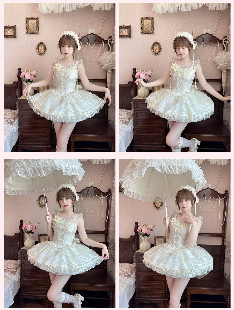 Beige Flutter Sleeves Bowknots Dress Bodice JSK on Balletcore Sweet Lolita Puffy