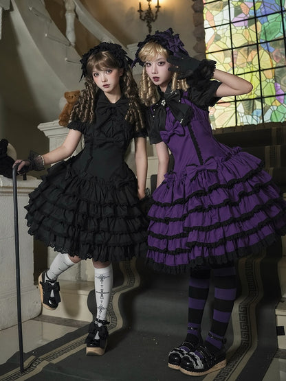 Lolita Gothic and Purple Lace Accents with Trim Dress Ruffles Black Bow Tiered