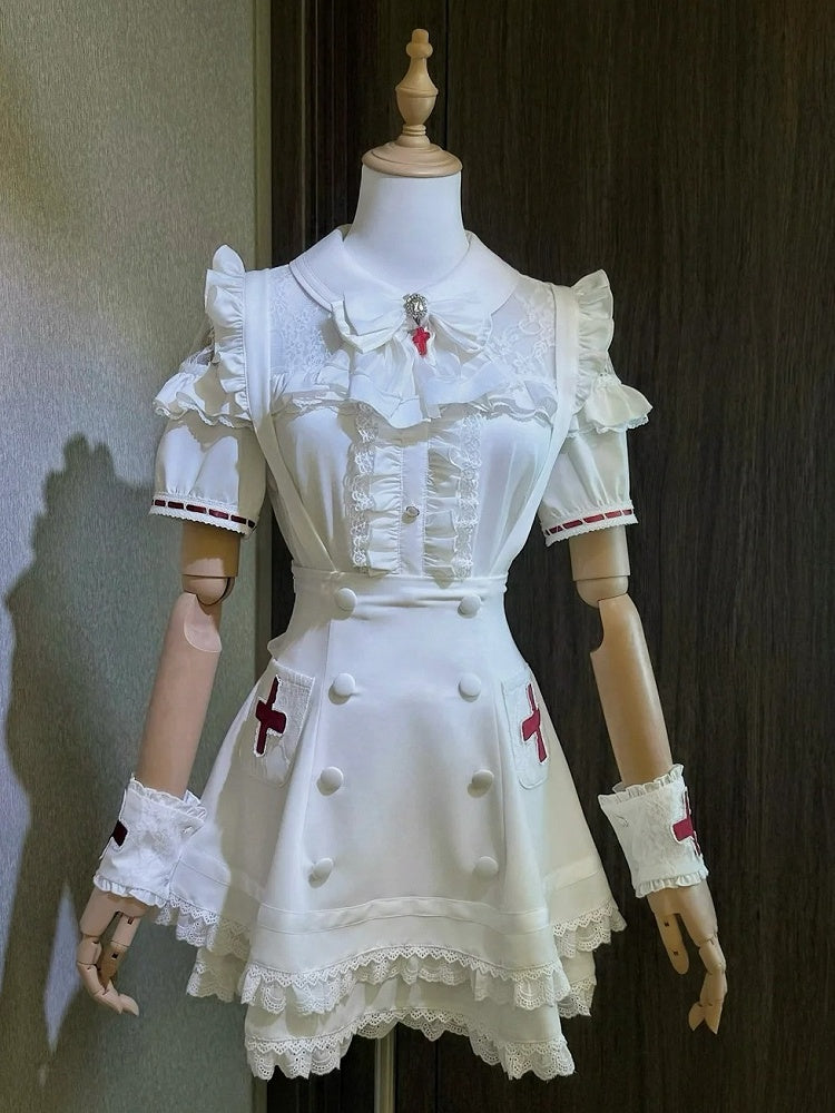 White Lace Blouse & Skirt Set with Straps & Bow - Shi Zhai Xin
