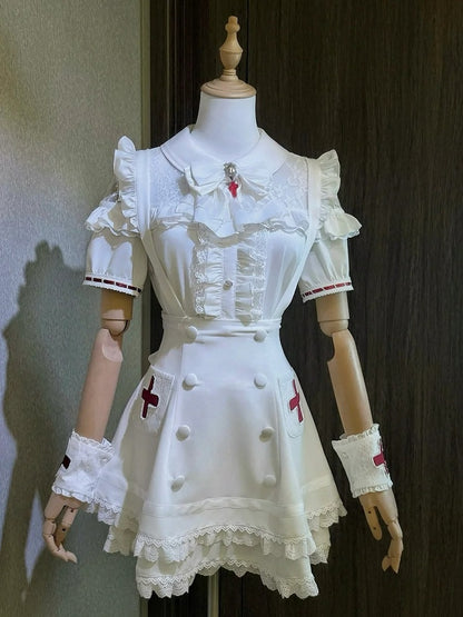 White Lace Blouse & Skirt Set with Straps & Bow - Shi Zhai Xin