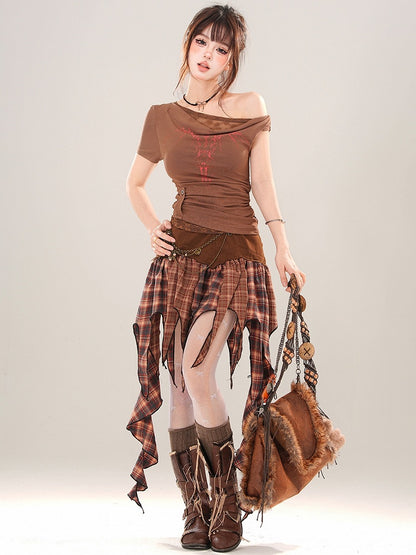 Brown/White Asymmetrical Neckline Ruched Printed Top