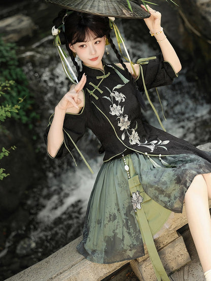 Dark Green Chinoiserie Lolita Skirt with Ruffled Hem - Han Ru Chu Hanfu & Han-Element Studi