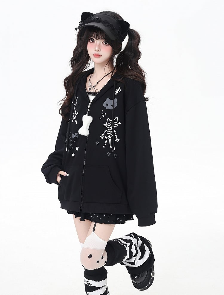 Bone Plushie Black/Gray Zip-up Hoodie with Kitty Ears Hood and