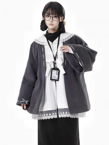 Dark Grey Bow Accents Open Placket Woolen Coat