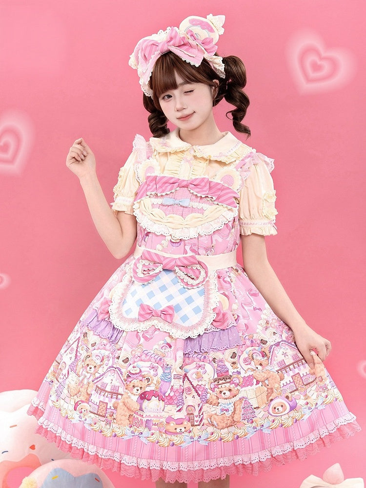 Bear Cake Theme Sweet Lolita OP Dress with Floral Print Skirt & Lace Trim - Mewroco