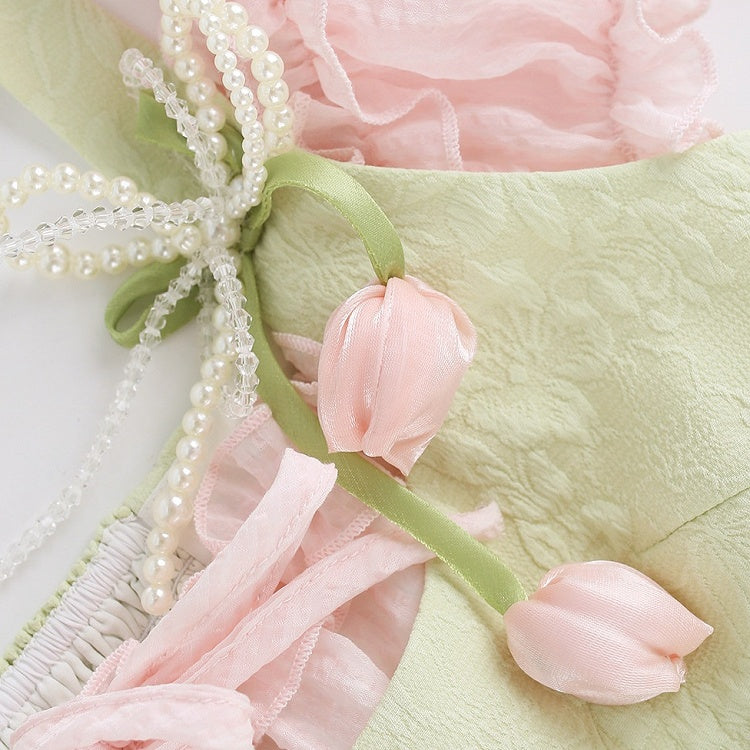 Robe Vert Rose à Licou Broche Fleurie - Sérendipité