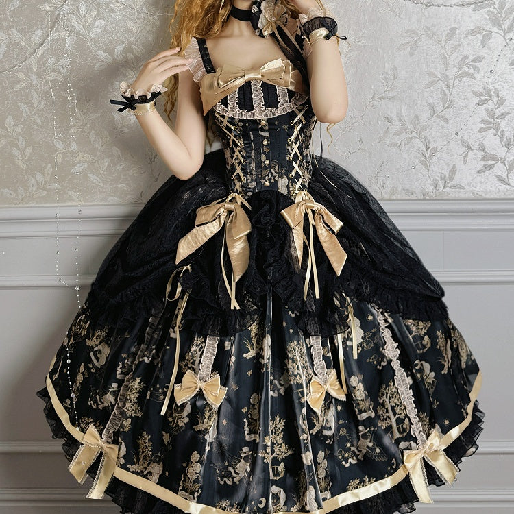 Overlay Taille Korsett Kordelzug Schwarz Rock Lolita Pullover und Gold