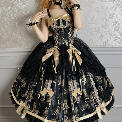 Overlay Waist Corset Drawstring Black Skirt Lolita Jumper and Gold