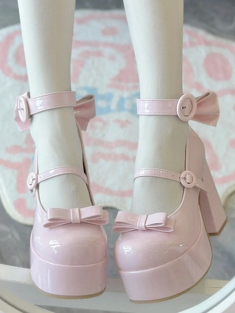 Platform with Buckle Mary PU Polished Classic Janes Circle Lolita Detachable for Pink Bow - High-heel