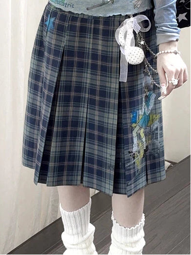 Plaid Vintage Blue Skirt Printed Pleat Box