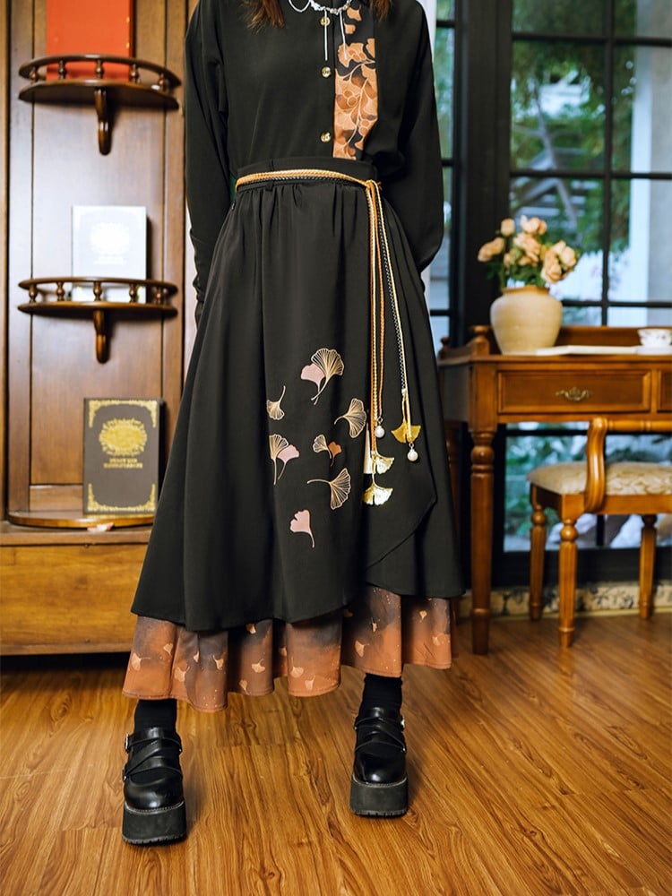 Cheongsam with Skirt Asymmetrical Layers Black Print Gothic Ginkgo Orange