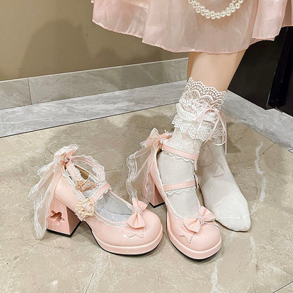 Sakura Confession Cutout Heel Lolita Mary Jane Heels – Sweet Lace Bow JK Shoes | LilyVow