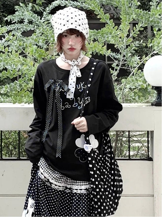 Top with Ribbon Bow Rhinestone Applique Embroidered Black Detachable and Clover