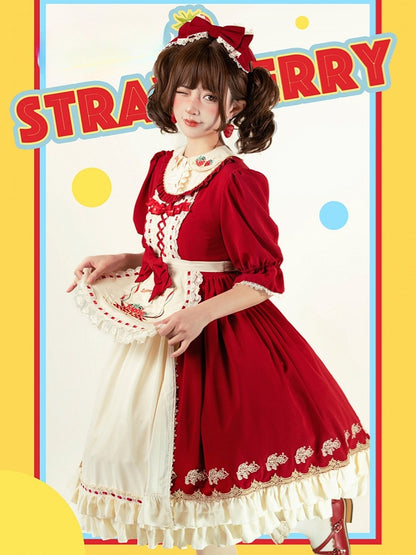 with Lolita Hem and Sweet Beige Embroidered Red Dress Ruffle Strawberry Short-sleeved Apron