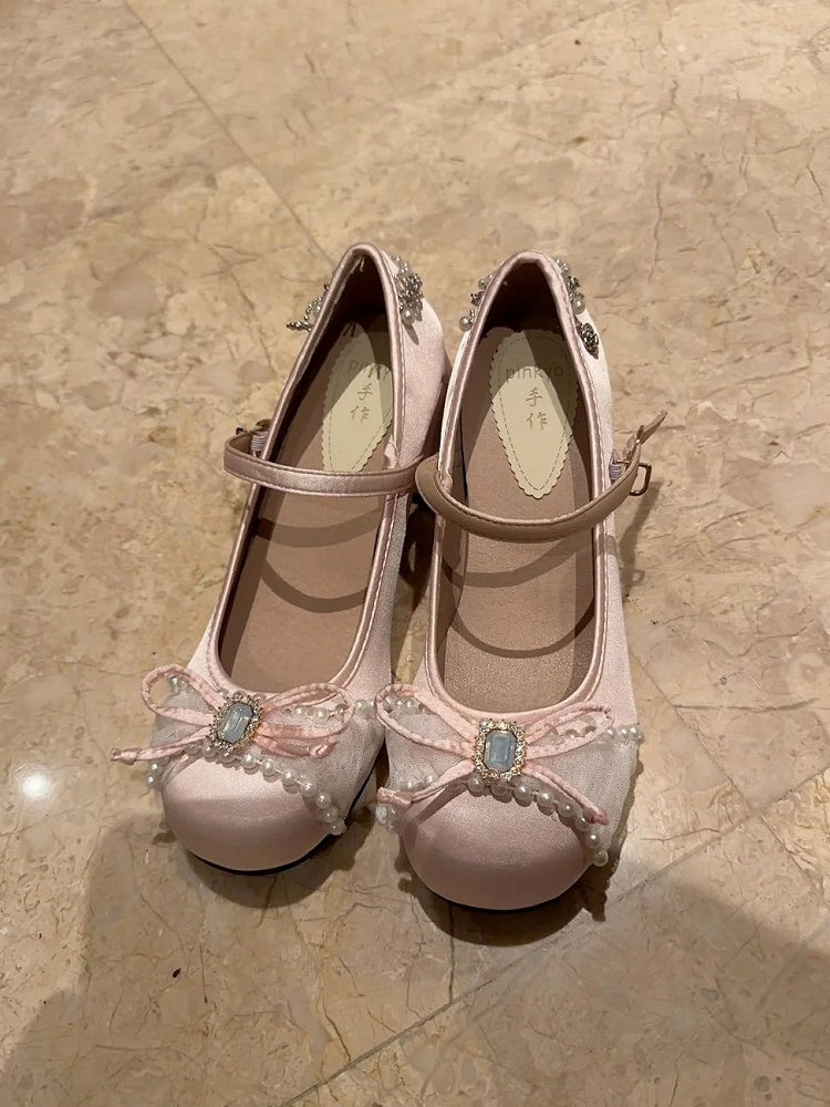 High-heel Sweet Mary Bow Accents Dark Pink Details Rhinestones Lolita with Jane Shoes
