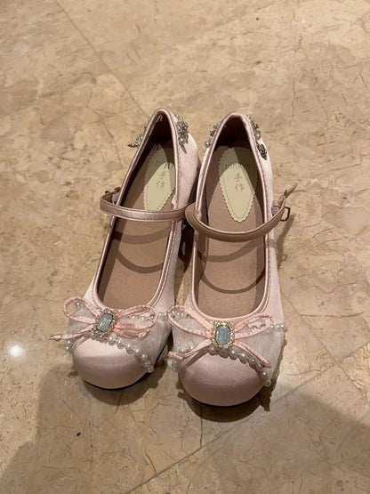 High-heel Sweet Mary Bow Accents Dark Pink Details Rhinestones Lolita with Jane Shoes