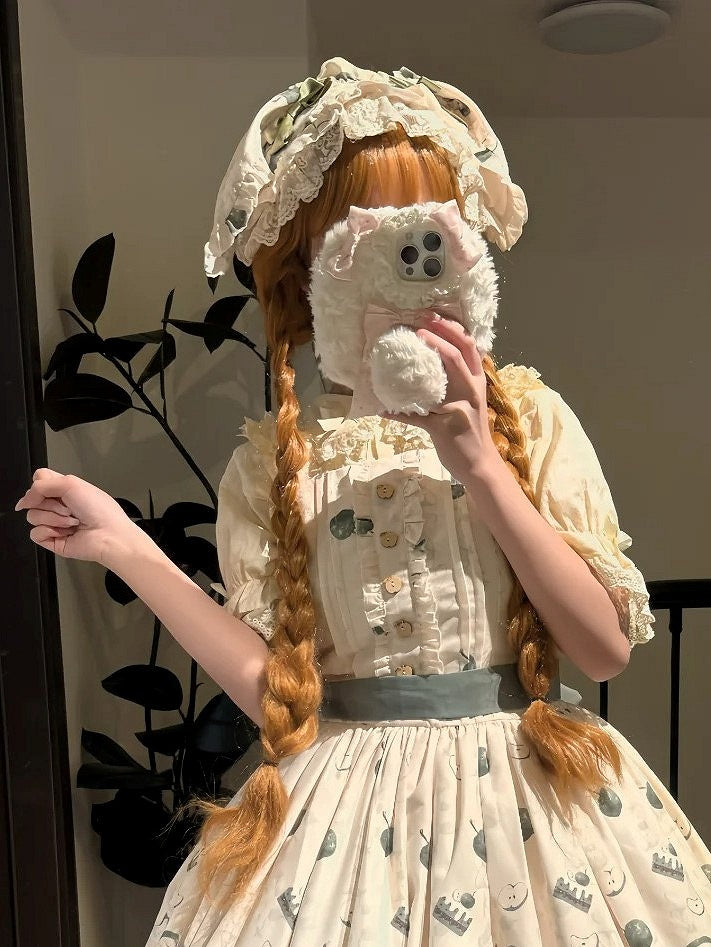 Green Ruffled Hairband Ear Bunny Beige Lolita