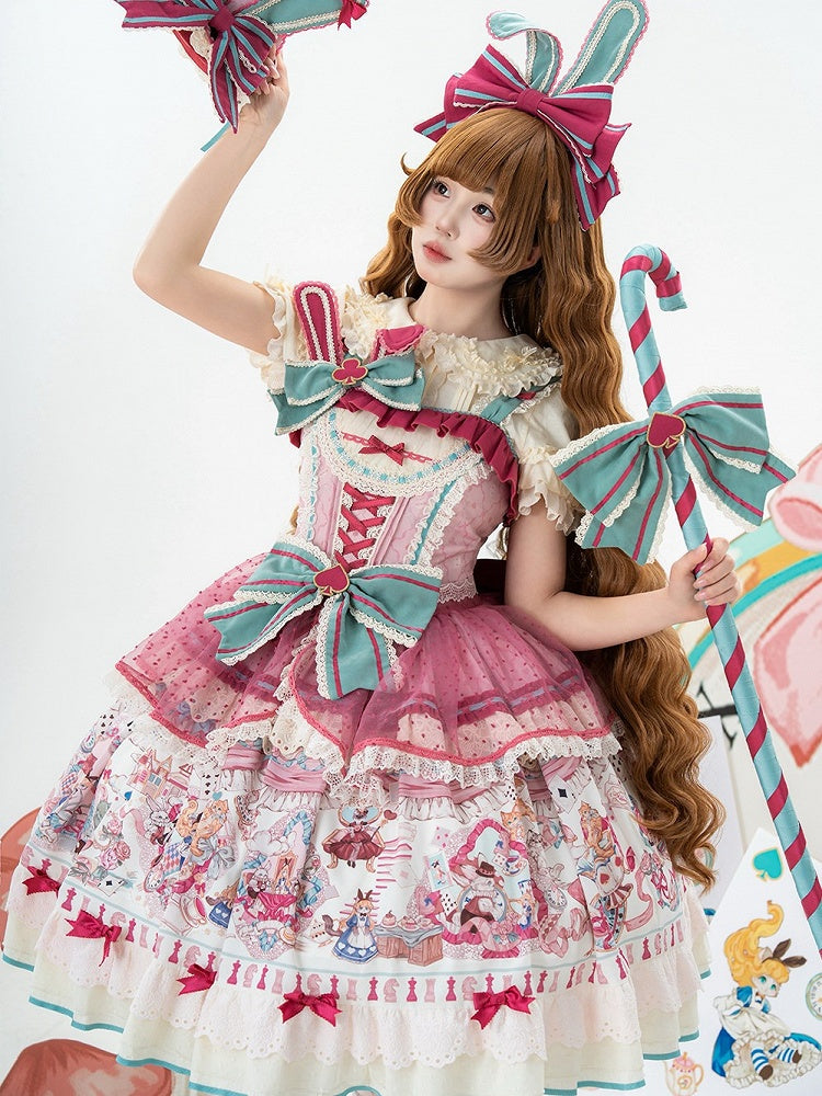 Pink & Green Alice Cat Vibes Sweet Lolita Jumper Skirt with Polka-dot Apron - Mewroco