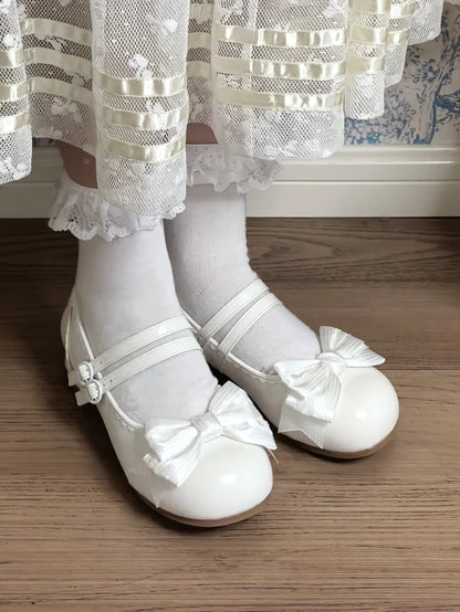 Accent Bow Double with Straps PU Round-Toe Heels Low Lolita White Elegant and