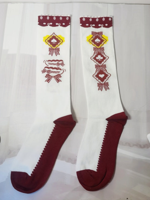 Weiße Lolita-Wadensocken mit Schleifenmuster und Rüschenbündchen