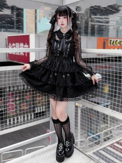 Black Lace Tiered Ruffle Dress with Bow Accents - Puppet Bombs