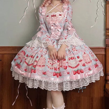 Blaues Lolita-Kleid mit Glockenkuchenstück, langen Erdbeerärmeln und einem süßen Aufdruck