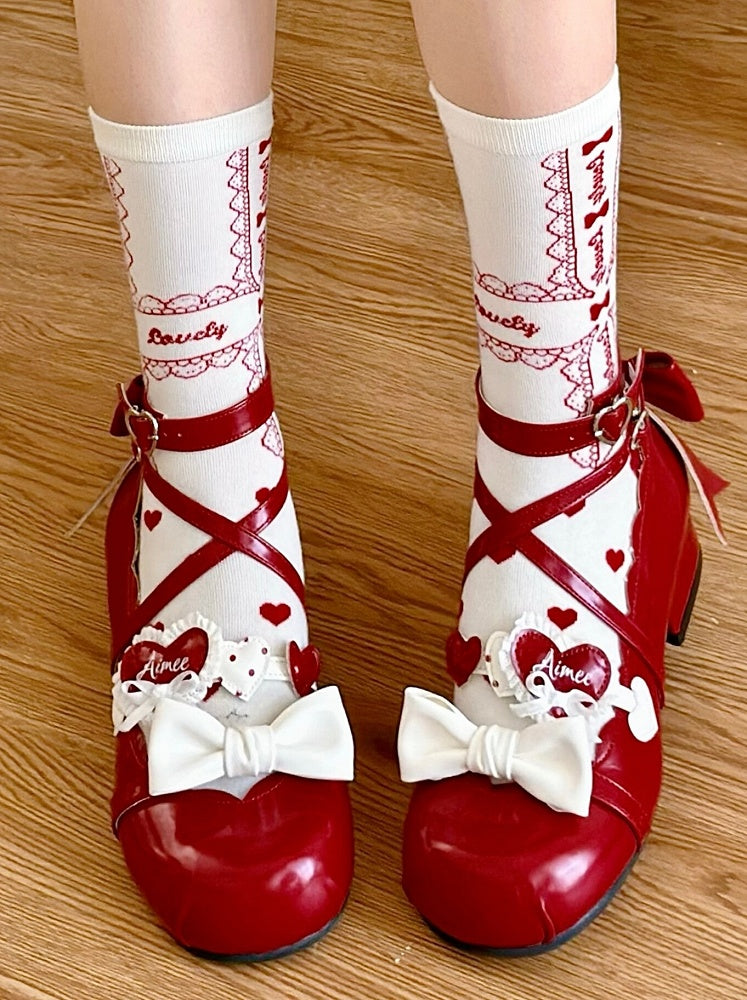 Socks Pattern Print Calf White Heart Lolita Bowknot Lace and Red