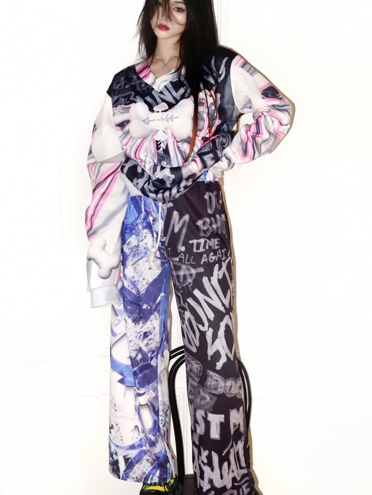 Blau-schwarze Hose mit weitem Bein und Y2K-Print