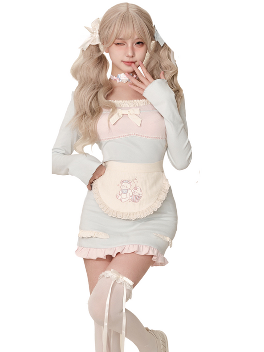 Rüschenspleiß Creme Straps Ice + Cardigan Kleid