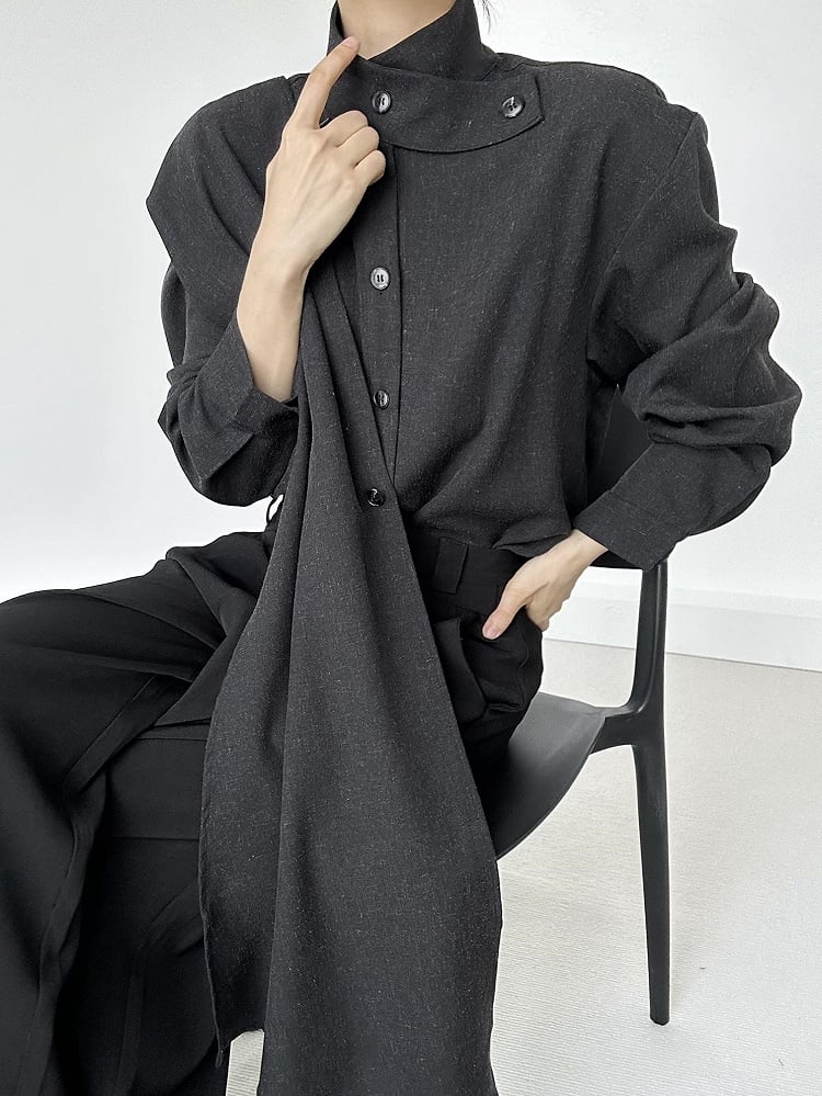 Extended Sleeve Convertible Shirt with Unisex Scarf Long Black