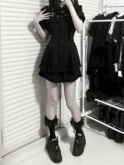 Black Buckles Matching Two-Piece Adjustable Kei Neckline Shorts Dress Waist Jirai Set: with Illusion