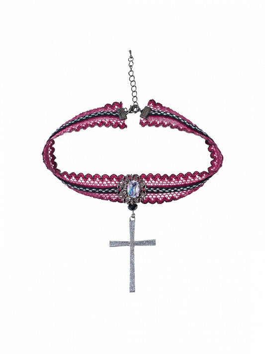 Cross Rhinestone-Accented with Pendant Lace Blue/Black/Red Choker Dark