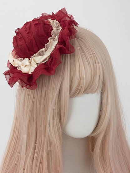 Beige Lace Hat Red Bow Mini Sweet Lolita Ruffled