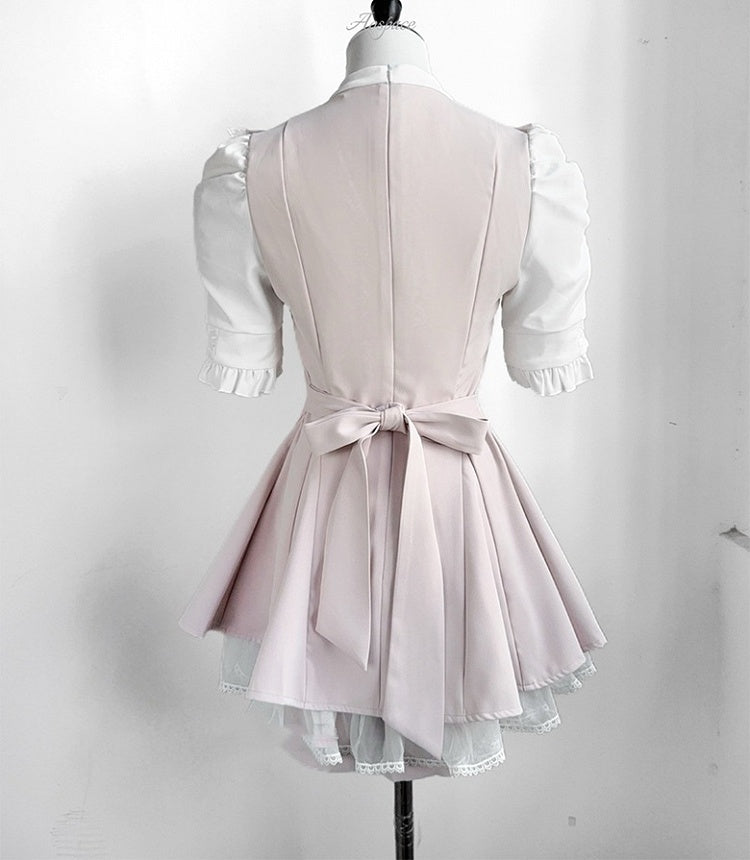 Coord Jirai Bow Bib Dress Kei Short Set: Rosa Krawatte mit Ärmel