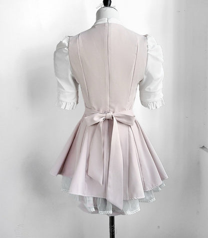 Coord Jirai Bow Bib Dress Kei Short Set: Rosa Krawatte mit Ärmel