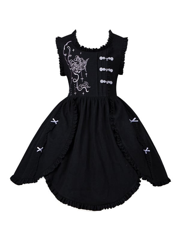 Lila Maiglöckchen, schwarze Schürze mit gewelltem Rand und Saum