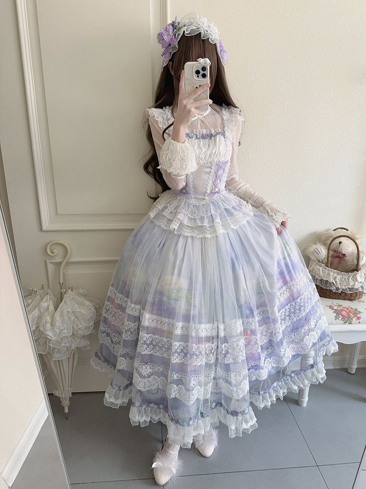 Drucken Lolita Öl Taille + Rock Overlay Top Malerei Entbeint Helle Klassische Lila Baske