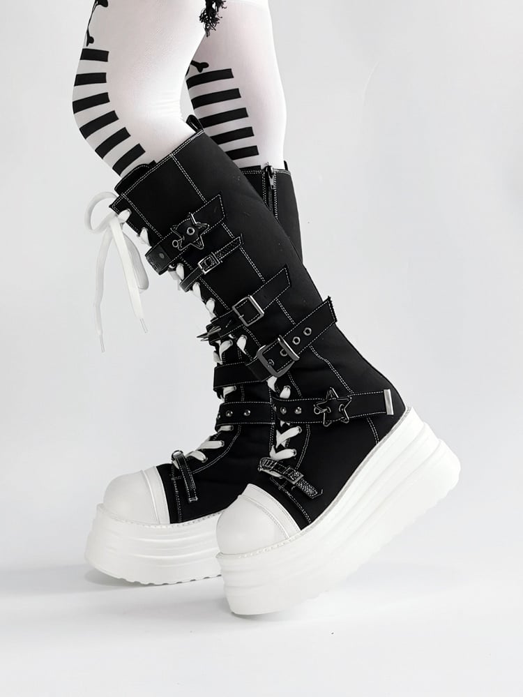 Y2K Canvas Punk Buckle - Black Platform Knee-Highs