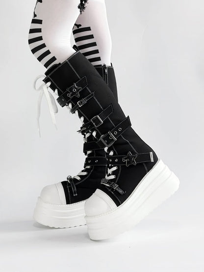 Y2K Canvas Punk Buckle - Black Platform Knee-Highs